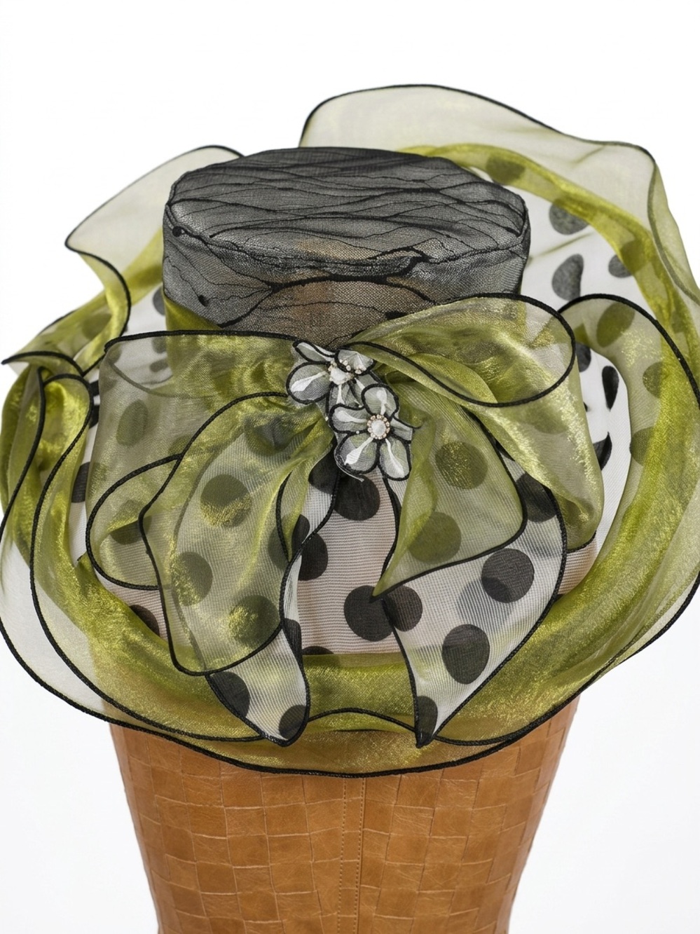 Elegant Olive Green and Black White Polka Dot Organza Derby Wide-Brim Hat - Picture 4 of 12